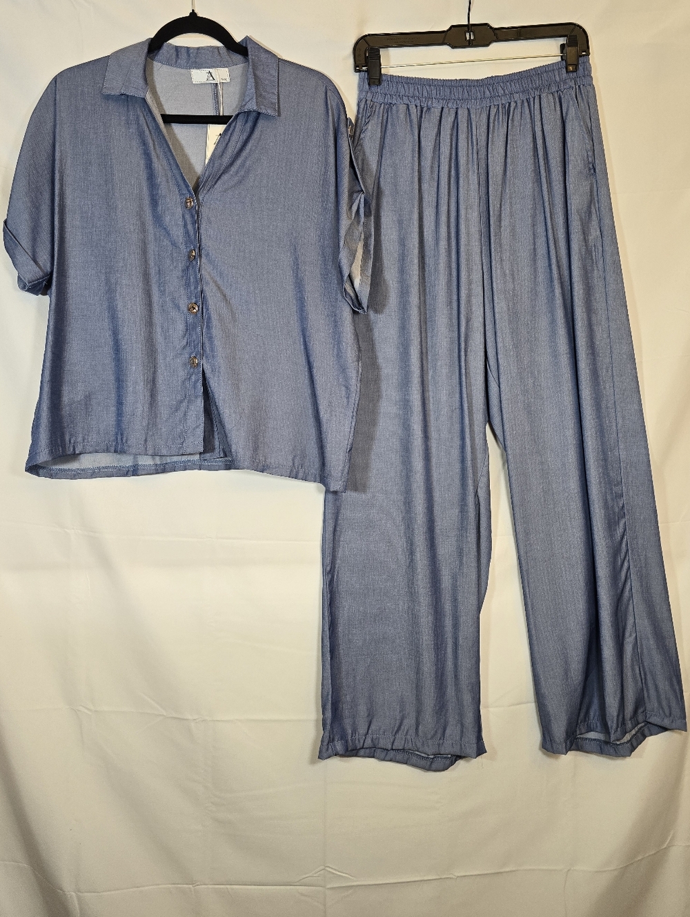Dark Denim Blue Soft Short Sleeve Button Down Pantsuit